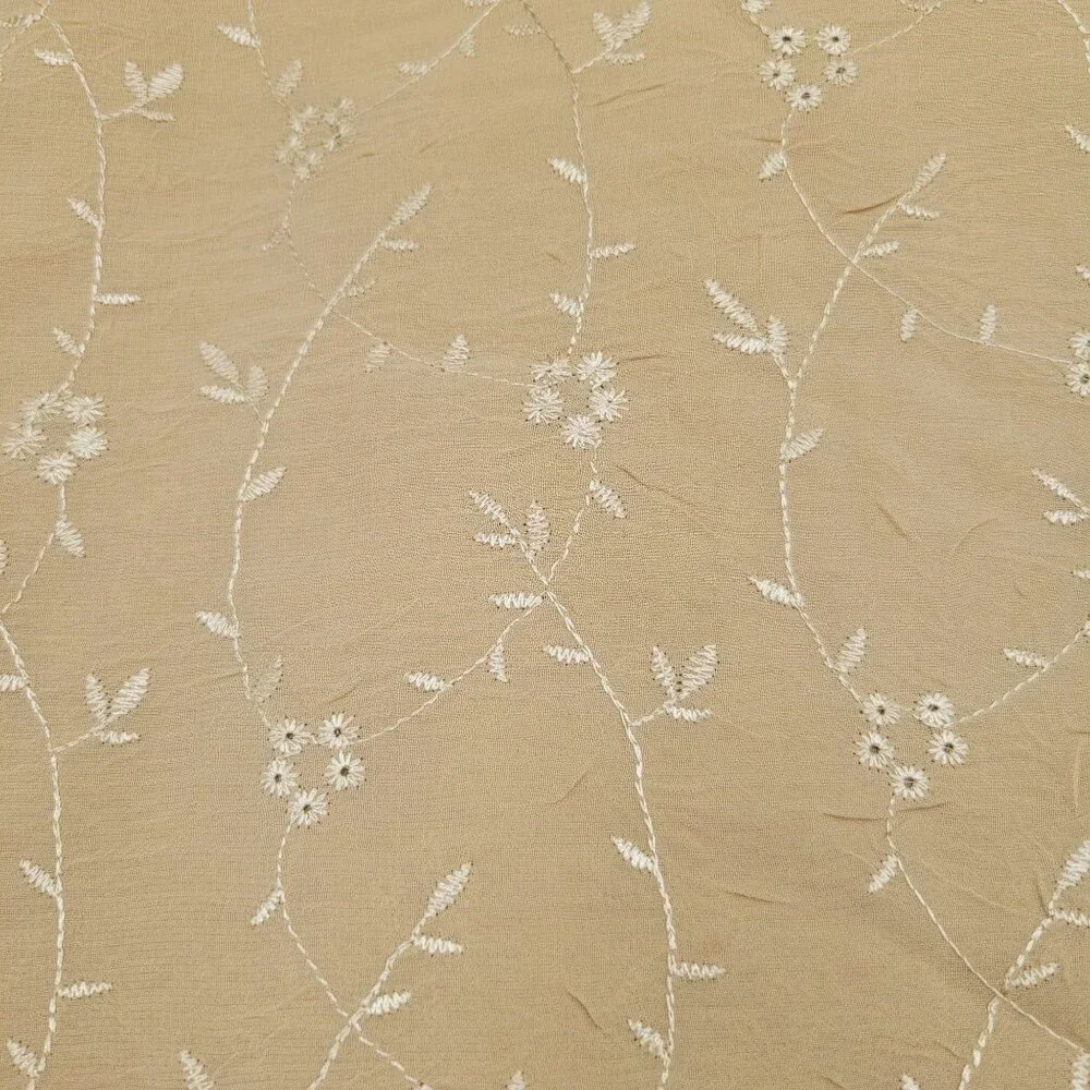 Crinkle Polyester Fabric Scalloped Edge Machine Embroidered Semi-Transparent Tan